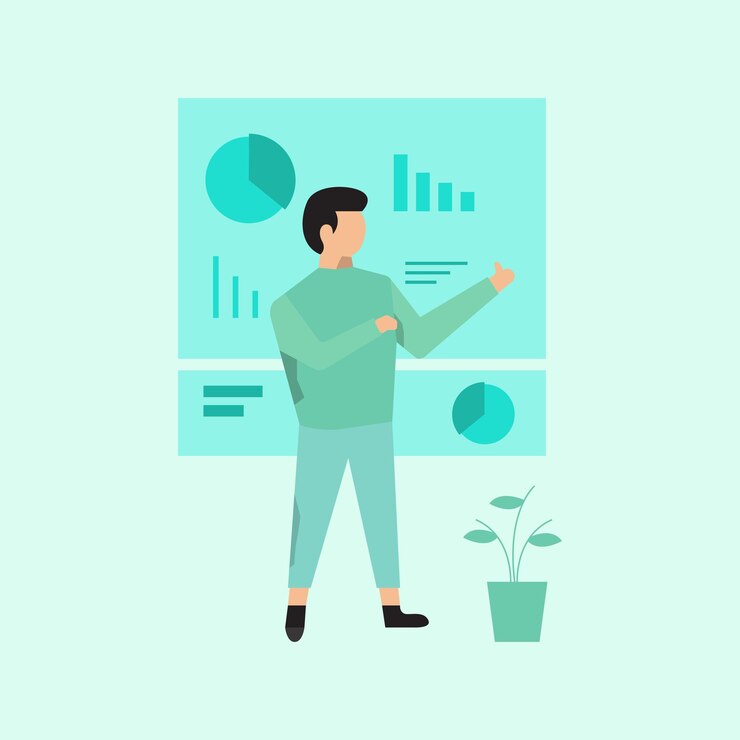Vector ilustración de marketing de negocios en línea con una escena de un hombre apuntando a un gráfico vector premium