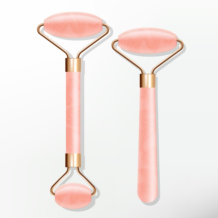 Ilustración Masajeador de rollo de cristal de cuarzo rosa natural de moda en metal dorado