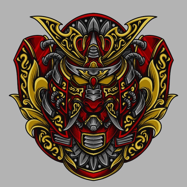 Ilustración de la máscara oni samurai adorno grabado en la cabeza para la camiseta