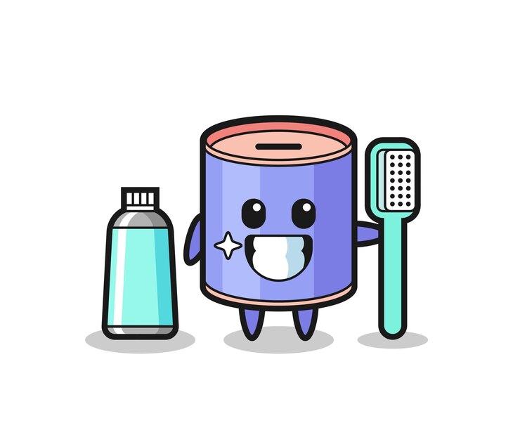 Vector ilustración de la mascota de la alcancía del cilindro con un cepillo de dientes