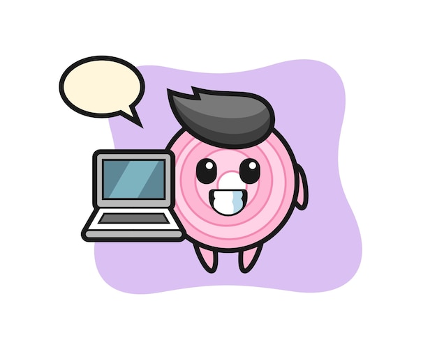 Ilustración de mascota de aros de cebolla con una computadora portátil