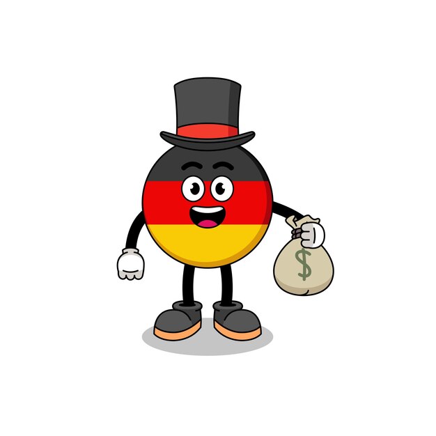 Ilustración de mascota de bandera de alemania hombre rico sosteniendo un diseño de personaje de saco de dinero