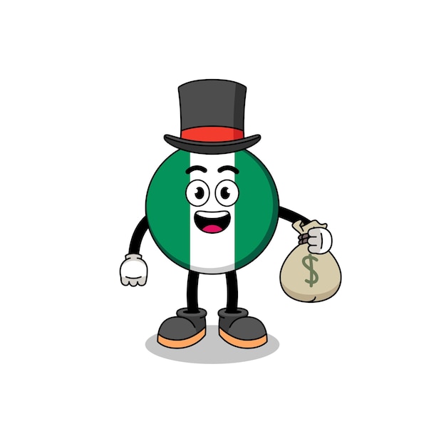 Ilustración de mascota de bandera de nigeria hombre rico sosteniendo un diseño de personaje de saco de dinero