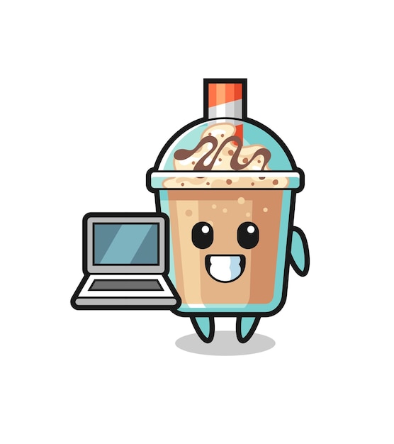 Ilustración de mascota de batido con una computadora portátil, diseño de estilo lindo para camiseta, pegatina, elemento de logotipo