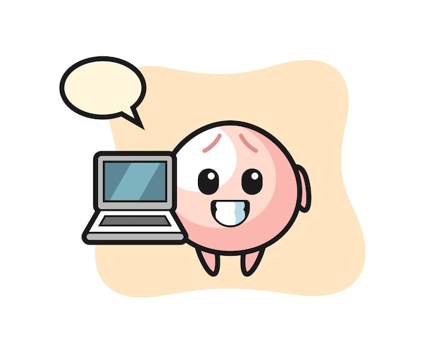 Ilustración de mascota de bollo de carne con una computadora portátil, diseño de estilo lindo para camiseta, pegatina, elemento de logotipo