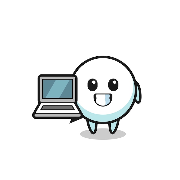 Ilustración de la mascota de la burbuja del habla con una computadora portátil