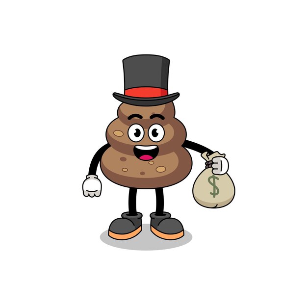 Ilustración de mascota de caca hombre rico sosteniendo un saco de dinero