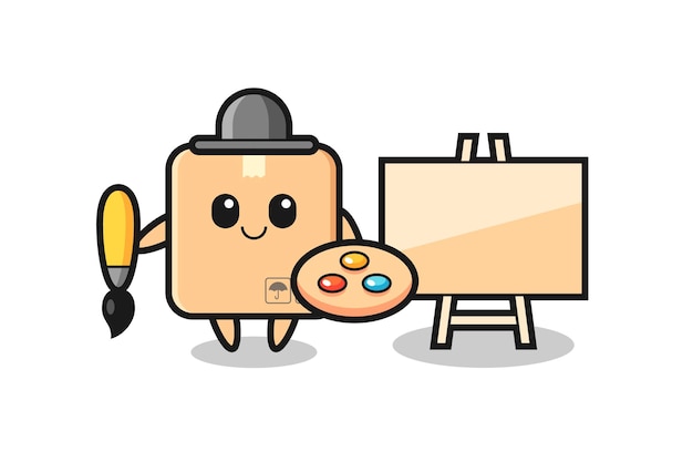 Ilustración de la mascota de la caja de cartón como pintor