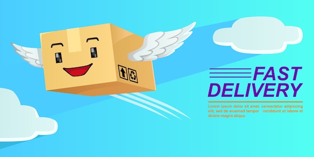 Ilustración de la mascota de la caja de entrega de paquetes volando, vector de alta calidad