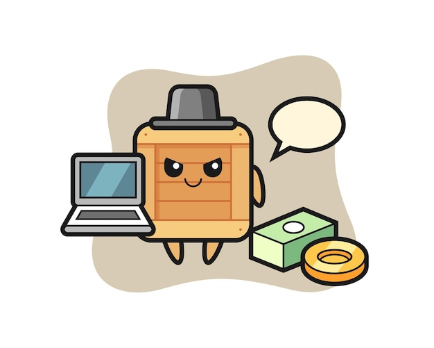 Ilustración de la mascota de la caja de madera como un diseño de estilo lindo hacker para el elemento del logotipo de la etiqueta de la camiseta