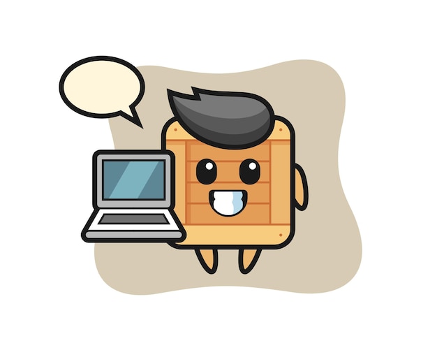 Ilustración de mascota de caja de madera con una computadora portátil