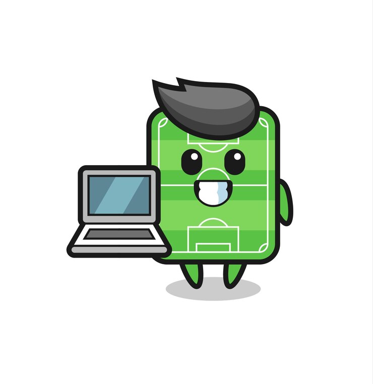Vector ilustración de la mascota del campo de fútbol con una computadora portátil