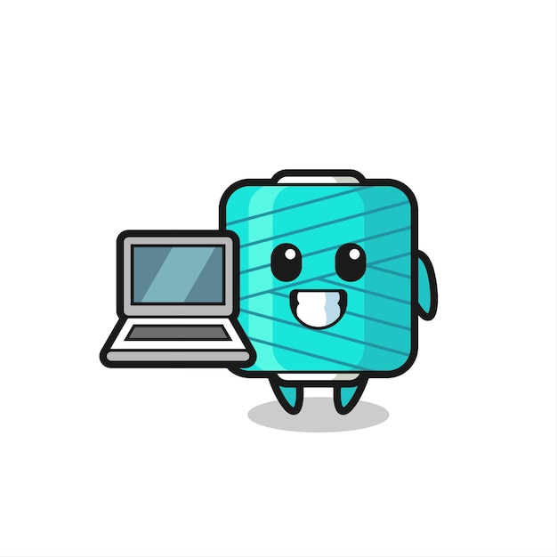 Vector ilustración de mascota de carrete de hilo con una computadora portátil, diseño de estilo lindo para camiseta, pegatina, elemento de logotipo