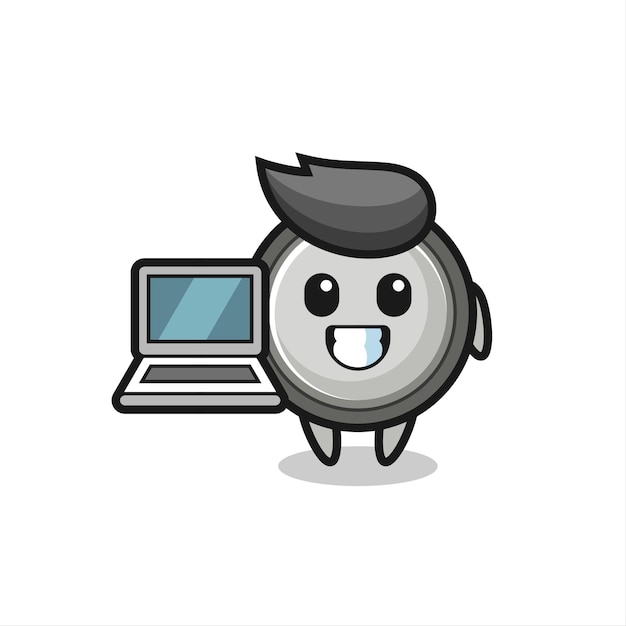 Ilustración de mascota de celda de botón con una computadora portátil, diseño de estilo lindo para camiseta, pegatina, elemento de logotipo