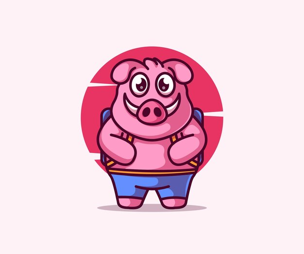 Vector ilustración de mascota de cerdo que lleva una linda mochila logo icono vector estilo de dibujos animados plana