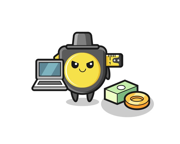 Ilustración de la mascota de la cinta métrica como un pirata informático, diseño lindo