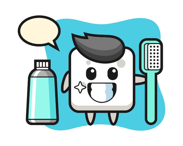 Vector ilustración de la mascota del cubo de azúcar con un cepillo de dientes, estilo lindo para camiseta, pegatina, elemento de logotipo