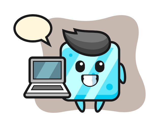Ilustración de mascota de cubo de hielo con una computadora portátil