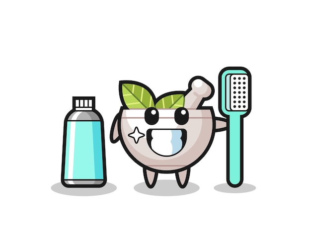 Ilustración de mascota de cuenco de hierbas con un cepillo de dientes, diseño de estilo lindo para camiseta, pegatina, elemento de logotipo