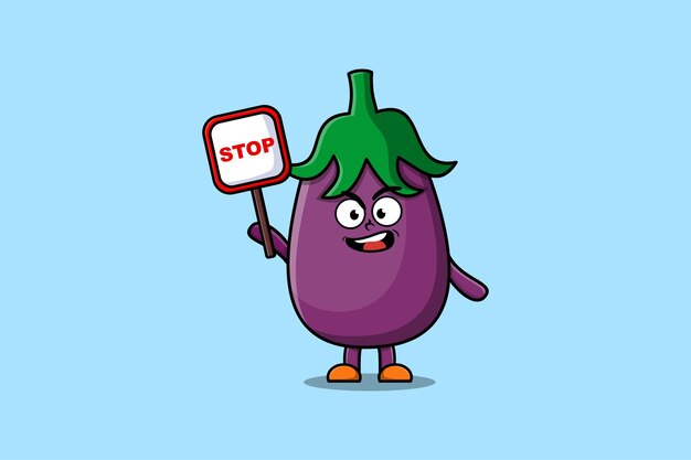 Ilustración de mascota de dibujos animados lindo Berenjena con dibujo vectorial de tablero de señal de stop