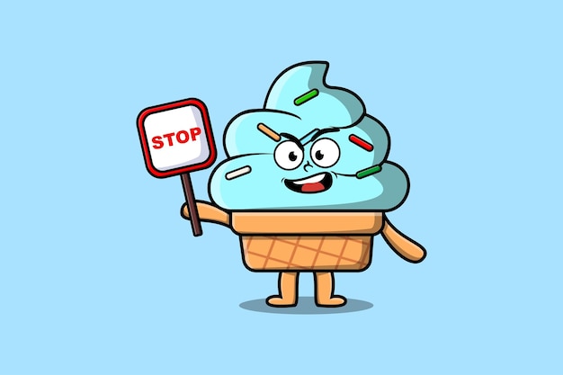 Ilustración de mascota de dibujos animados lindo Helado con dibujo vectorial de tablero de señal de stop