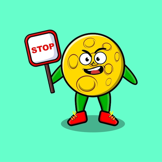 Ilustración de mascota de dibujos animados lindo luna con tablero de señal de stop dibujo vectorial lindo diseño de estilo moderno