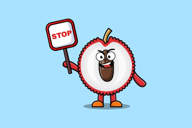 Ilustración de mascota de dibujos animados lindo Lychee con dibujo vectorial de tablero de señal de stop