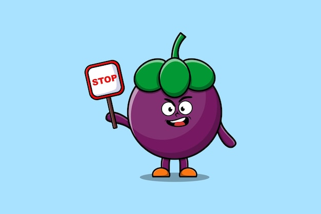 Ilustración de mascota de dibujos animados lindo Mangostán con dibujo vectorial de tablero de señal de stop