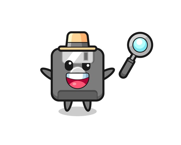 Ilustración de la mascota del disquete como un detective que logra resolver un caso, diseño de estilo lindo para camiseta, pegatina, elemento de logotipo