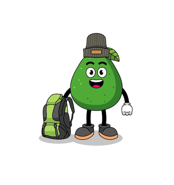 Ilustración de la mascota de la fruta del aguacate como diseño de personajes de excursionista