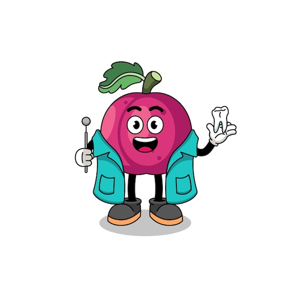 Ilustración de la mascota de la fruta de ciruela como dentista