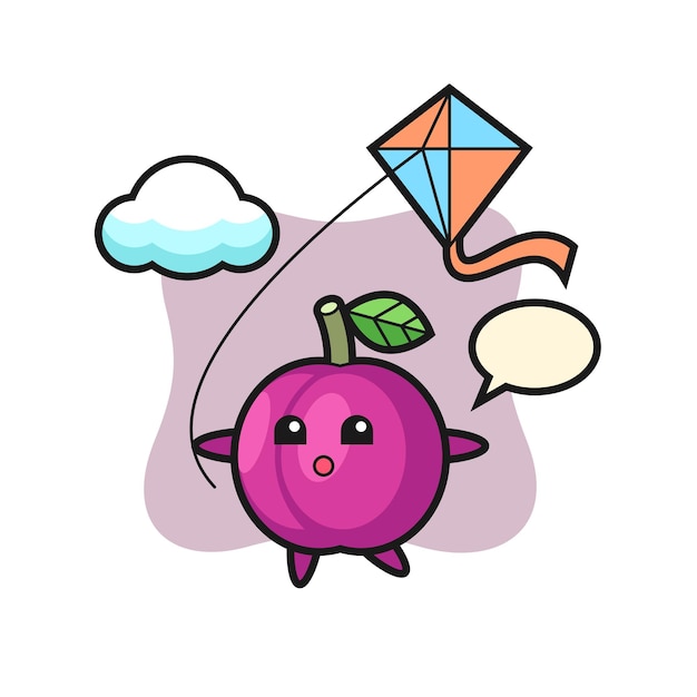 La ilustración de la mascota de la fruta del ciruelo está jugando cometa, diseño de estilo lindo para camiseta, pegatina, elemento de logotipo