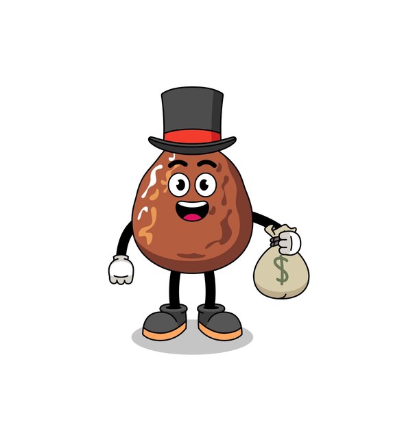 Ilustración de mascota de fruta de fecha hombre rico sosteniendo un diseño de personaje de saco de dinero