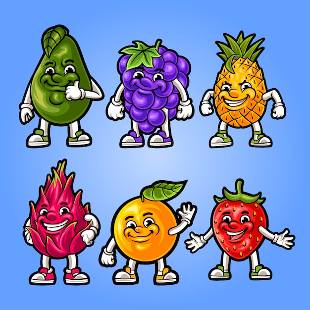 Vector ilustración de la mascota de frutas en conjunto