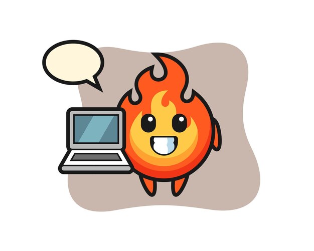 Ilustración de mascota de fuego con una computadora portátil, diseño de estilo lindo para camiseta, pegatina, elemento de logotipo