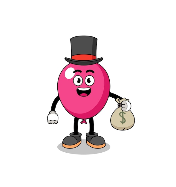 Ilustración de mascota de globo hombre rico sosteniendo un diseño de personaje de saco de dinero