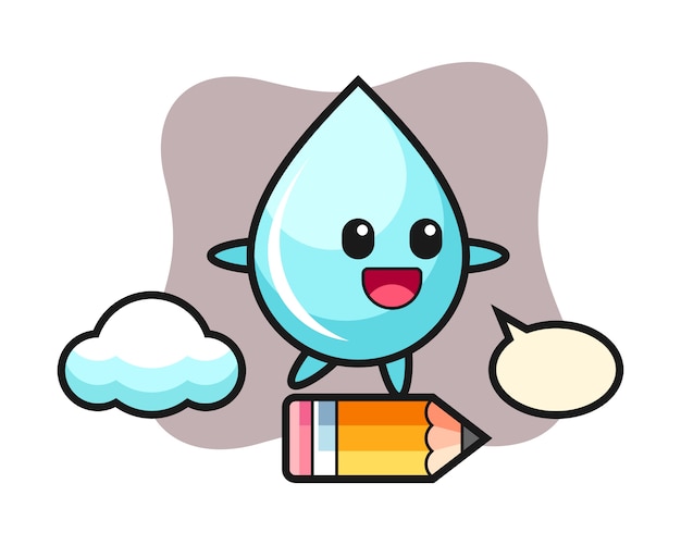 Ilustración de mascota de gota de agua montando en un lápiz gigante, diseño de estilo lindo para camiseta