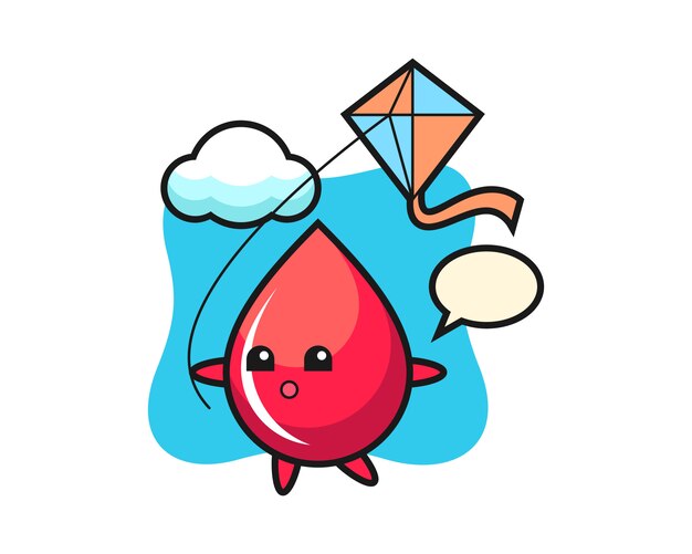 La ilustración de la mascota de la gota de sangre está jugando cometa, estilo lindo, pegatina, elemento de logotipo