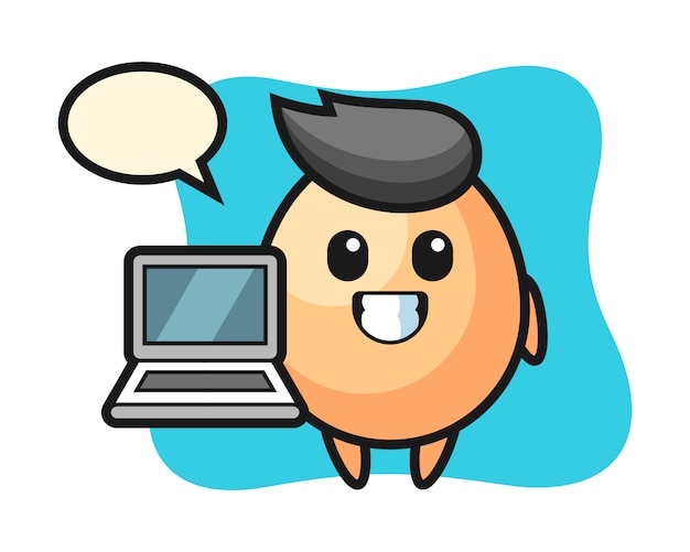 Ilustración de mascota de huevo con una computadora portátil, diseño de estilo lindo para camiseta, pegatina, elemento de logotipo
