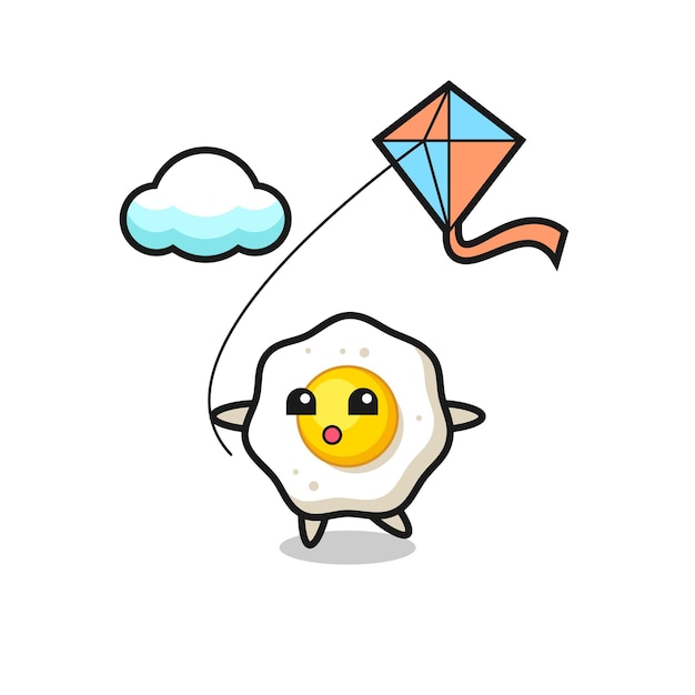 La ilustración de la mascota de huevo frito está jugando cometa, diseño de estilo lindo para camiseta, pegatina, elemento de logotipo