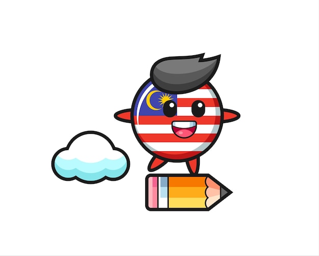 Ilustración de la mascota de la insignia de la bandera de malasia montada en un lápiz gigante, diseño de estilo lindo para camiseta, pegatina, elemento de logotipo