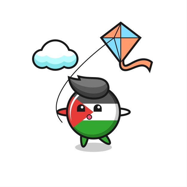 La ilustración de la mascota de la insignia de la bandera de palestina está jugando cometa, diseño de estilo lindo para camiseta, pegatina, elemento de logotipo