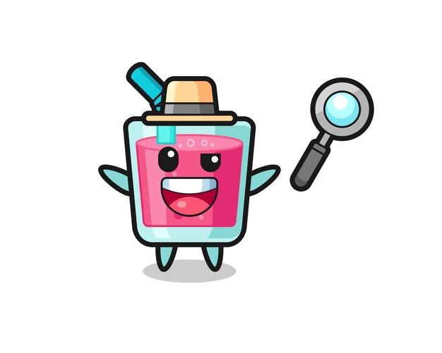 Ilustración de la mascota del jugo de fresa como un detective que logra resolver un caso