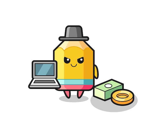 Ilustración de mascota de lápiz como pirata informático, diseño de estilo lindo para camiseta, pegatina, elemento de logotipo