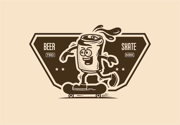 Ilustración de mascota de una lata de cerveza patinando