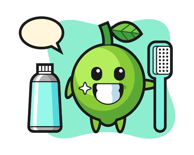 Ilustración de mascota de limón con un cepillo de dientes, estilo lindo, pegatina, elemento de logotipo