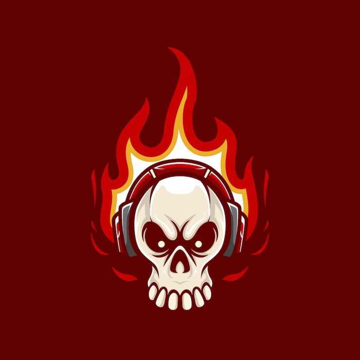 Vector ilustración mascota logo calavera con llama y auriculares