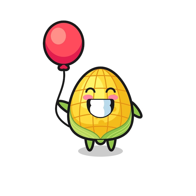 La ilustración de la mascota de maíz está jugando con el globo, diseño de estilo lindo para camiseta, pegatina, elemento de logotipo