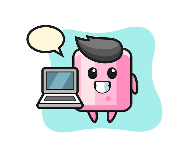 Ilustración de mascota de malvavisco con una computadora portátil, diseño de estilo lindo para camiseta, pegatina, elemento de logotipo