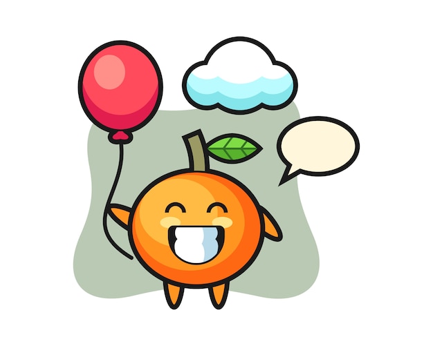 La ilustración de la mascota de mandarina está jugando globo, estilo lindo, pegatina, elemento de logotipo